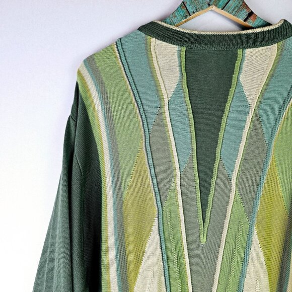 Vintage 1980's Bergati Coogi Style Knit Sweater, Shades of Green, XL, EUC - Picture 8 of 11